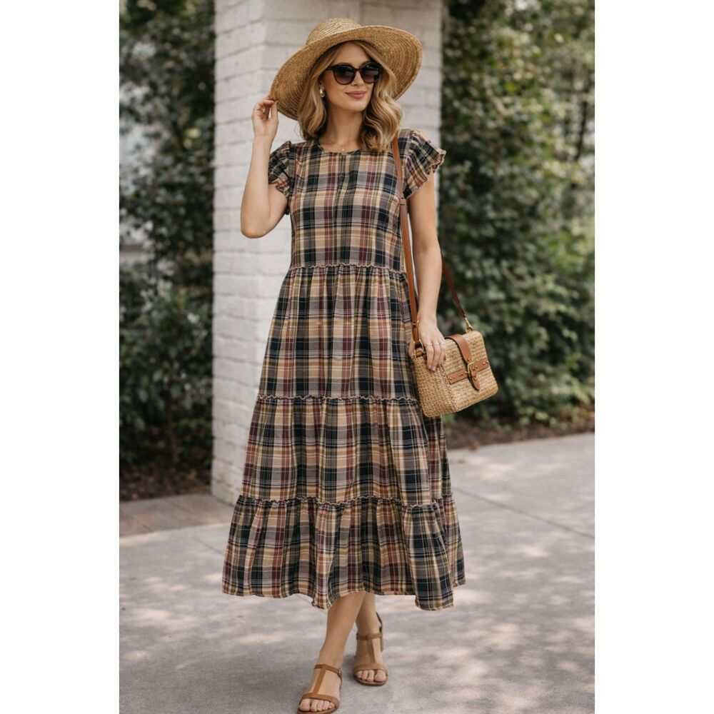 Downeast Dress Large Plaid Prairie Midi Tiered Cotton CottageCore Lined Fall